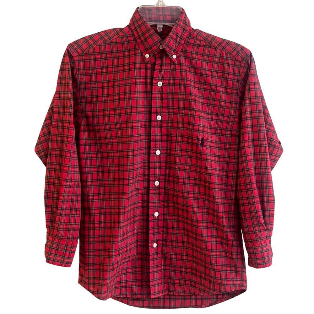 Ralph Lauren Red Christmas Plaid Tartan Button Collar Shirt Small Youth Preppy